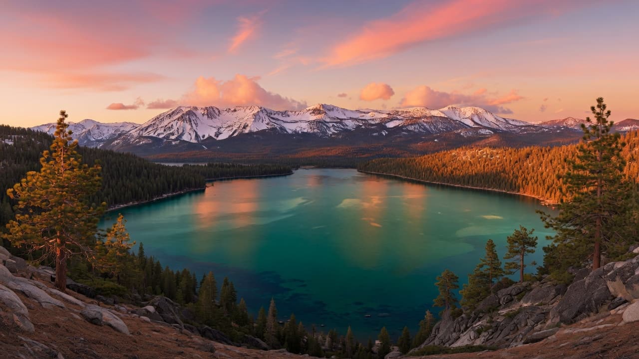 Lake Tahoe at golden hour with emerald water and snow-capped Sierra mountains