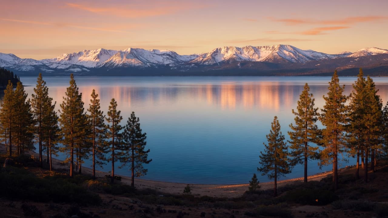 Lake Tahoe at golden hour with mountains and crystal blue water
