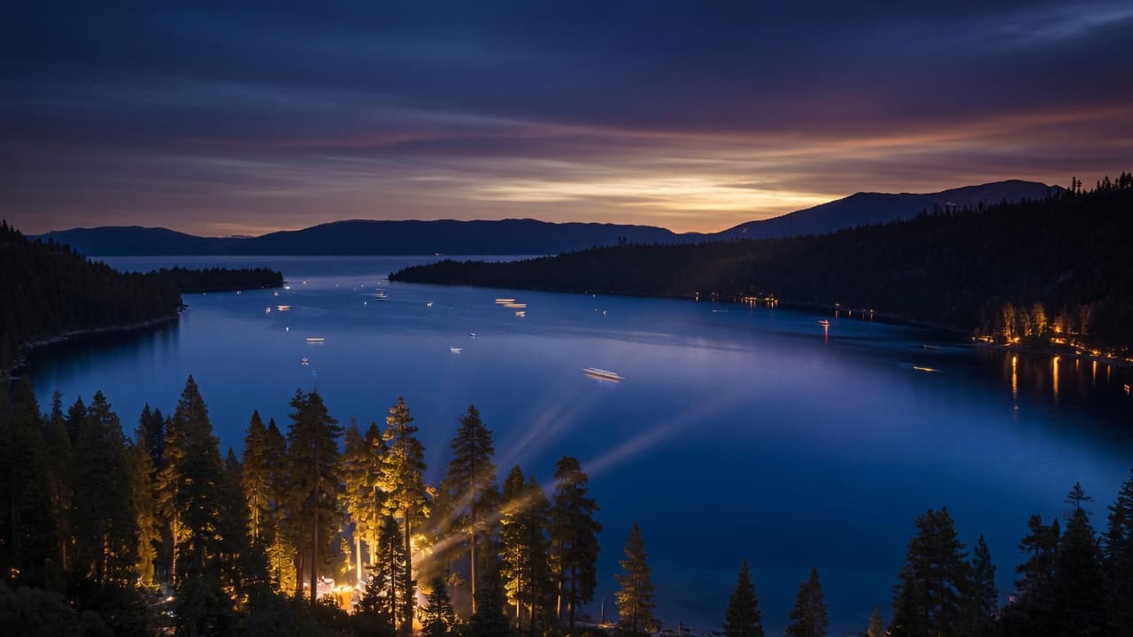 Lake Tahoe at twilight with dramatic celebration lighting
