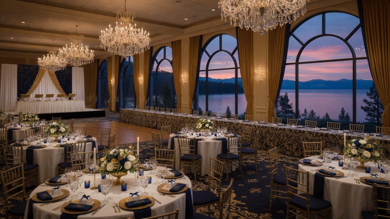 Elegant ballroom wedding reception with Lake Tahoe views at a Stateline resort
