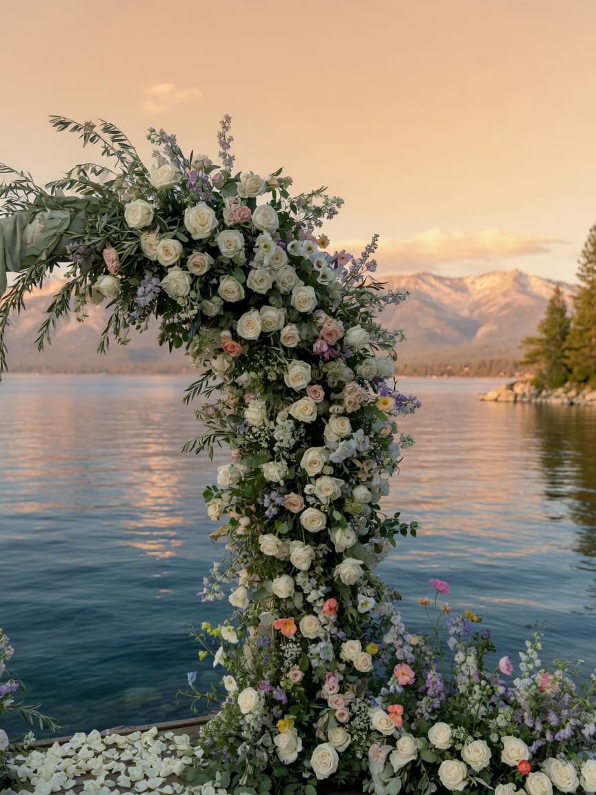 Lush floral ceremony arch with roses and greenery overlooking Lake Tahoe