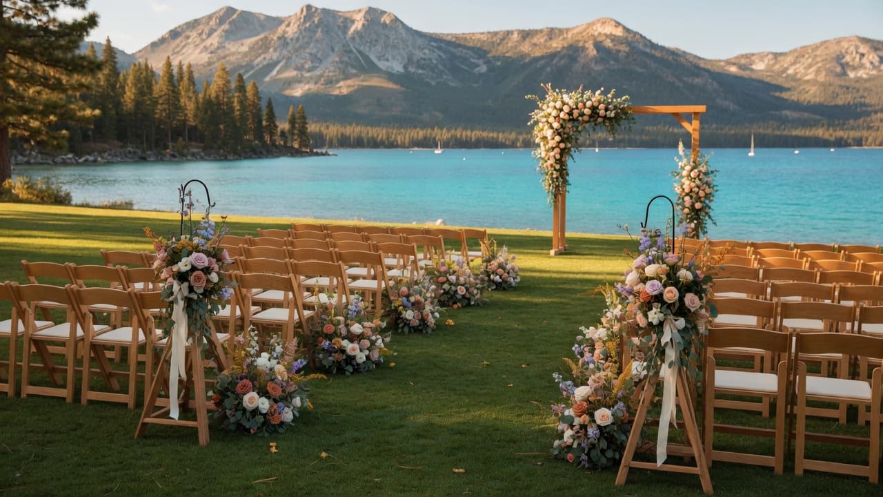 Outdoor wedding ceremony setup on a Lake Tahoe lakeside lawn with floral aisle markers