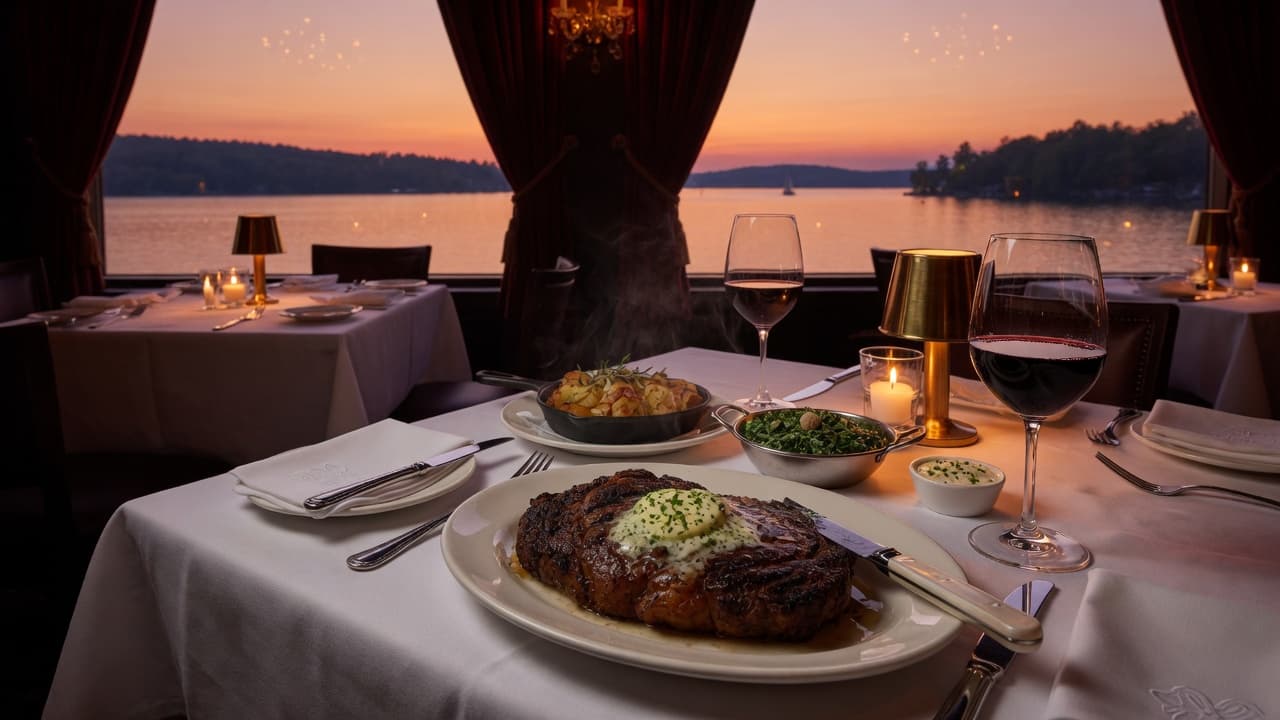Elegant steakhouse dinner with ribeye and wine overlooking Lake Tahoe
