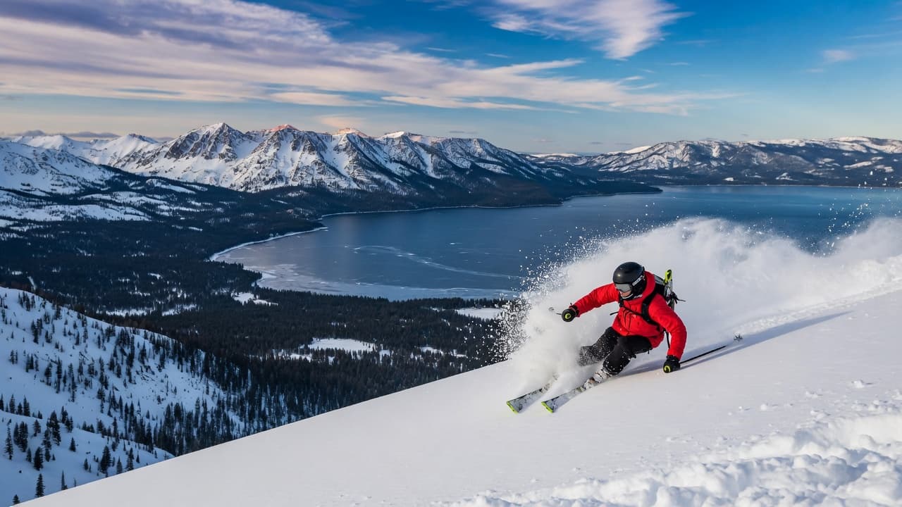 Skier on fresh powder at a Lake Tahoe resort with mountain and lake views