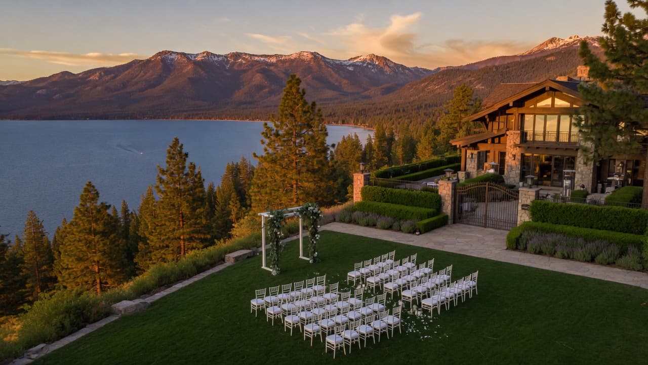 Private estate wedding ceremony overlooking Lake Tahoe at golden hour
