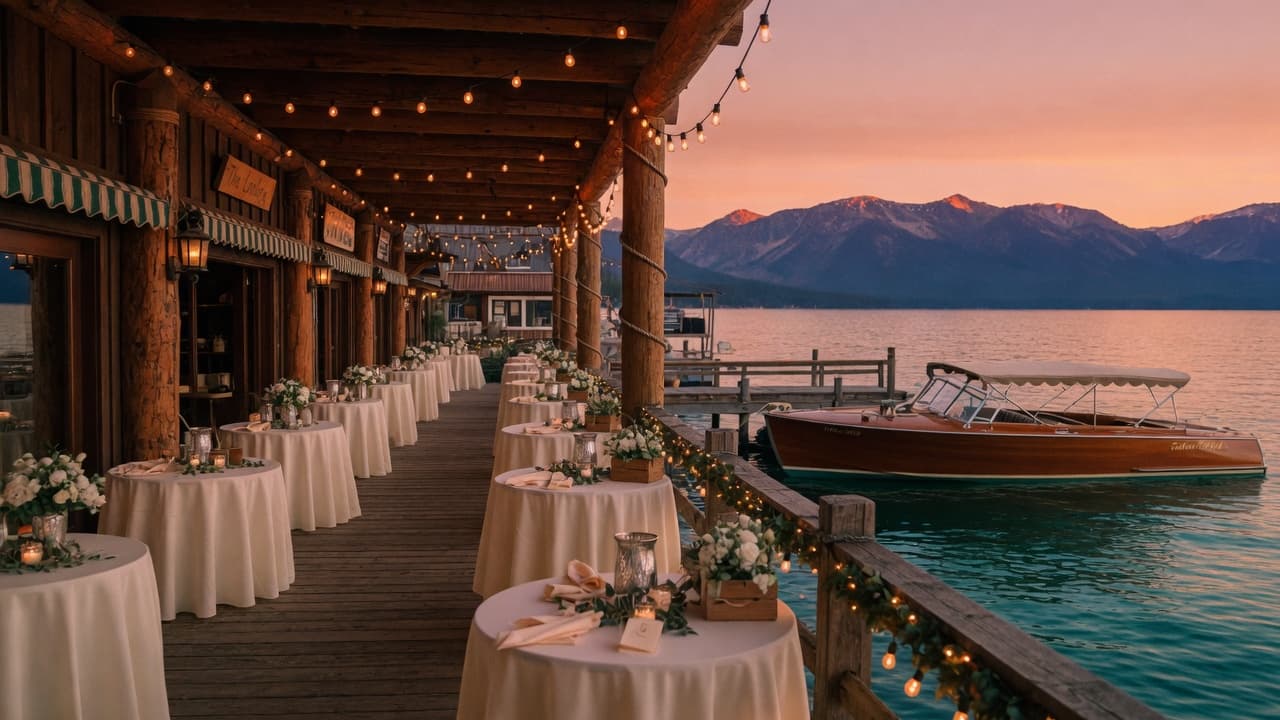 Lake Tahoe waterfront restaurant and pier set up for a wedding reception